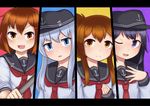  absurdres akatsuki_(kantai_collection) anchor_symbol black_hair black_hat blue_eyes blue_hair blush brown_eyes brown_hair closed_mouth hair_ornament hairclip hat hibiki_(kantai_collection) highres ikazuchi_(kantai_collection) inazuma_(kantai_collection) jacy kantai_collection long_hair looking_at_viewer multiple_girls neckerchief one_eye_closed open_mouth parted_lips purple_eyes red_neckwear short_hair sleeves_past_wrists sleeves_rolled_up smile 