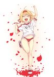  :d ahoge blonde_hair buruma clenched_hand closed_eyes clothes_writing fate_(series) full_body gym_uniform hair_intakes happy headband navel nero_claudius_(fate) nero_claudius_(fate)_(all) olympian_bloomers open_mouth petals red_buruma shirt_lift shiruko27anko short_sleeves smile solo standing standing_on_one_leg wind wind_lift 
