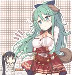  alternate_costume animal_ears belt black_hair breast_hold breasts commentary_request cosplay crossed_arms dog_ears dog_tail elbow_gloves female_admiral_(kantai_collection) gloves green_hair hair_between_eyes hair_ornament hair_ribbon hairclip highres kantai_collection kemonomimi_mode large_breasts long_hair long_sleeves multiple_girls ribbon side_ponytail tail yamakaze_(kantai_collection) yui_(seiga) 