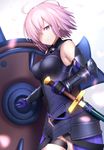  ahoge armor black_armor breasts cowboy_shot eyebrows_visible_through_hair fate/grand_order fate_(series) hair_over_one_eye highres holding holding_shield holding_sword holding_weapon looking_at_viewer maosame mash_kyrielight medium_breasts parted_lips pink_hair purple_eyes sheath shield short_hair solo standing sword unsheathing weapon 