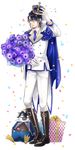  arm_up black-framed_eyewear black_footwear black_hair blue_neckwear boots bouquet box character_doll crown flower fushimi_saruhiko gift gift_box glasses gloves hair_between_eyes highres holding holding_bouquet k_(anime) knee_boots looking_at_viewer male_focus mini_crown munakata_reishi necktie noes pants purple_gloves ribbon simple_background solo standing white_background white_gloves white_pants yellow_ribbon 