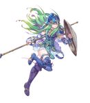  armor belt blue_armor blue_eyes boots breastplate detached_sleeves fire_emblem fire_emblem:_souen_no_kiseki fire_emblem_heroes full_body gradient_hair green_hair haccan helmet highres holding holding_weapon knee_boots leg_up long_hair looking_at_viewer multicolored_hair nephenee official_art polearm shield skirt solo spear thighhighs transparent_background weapon zettai_ryouiki 