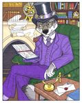  anthro book canine chair clothed clothing clue_(game) envelope eyewear fireplace fur glasses grey_fur hat knife letter_opener library male mammal marci_mcadam necktie pipe professor_plum shelf smoke solo table top_hat white_fur wolf yellow_eyes 