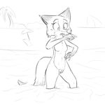  2016 anthro beach breasts canine disney featureless_breasts female fox fur hi_res mammal mature_female monochrome mrs_wilde nude outside partially_submerged pubes pussy seaside solo standing visiti water zootopia 