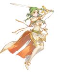  amiti armor bangs belt boots breastplate brown_eyes cape elbow_gloves elincia_ridell_crimea eyebrows_visible_through_hair fingerless_gloves fire_emblem fire_emblem:_souen_no_kiseki fire_emblem_heroes full_body gloves green_hair highres holding holding_sword holding_weapon kippu long_hair official_art shoulder_armor shoulder_pads solo sword thigh_boots thighhighs tiara transparent_background weapon 