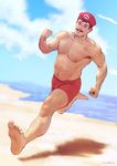  abs arm_hair bara barefoot beach blue_eyes blue_sky brown_hair chest_hair cloud commentary day english_commentary facial_hair feet hat leg_hair looking_at_viewer male_focus male_swimwear mario mario_(series) muscle mustache navel ocean outdoors pectorals red_hat roqqus running sand sky solo stomach super_mario_bros. super_mario_odyssey swim_trunks swimwear water 