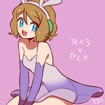  blue_eyes breasts brown_hair cleavage cosplay elbow_gloves gen_6_pokemon gloves goomy goomy_(cosplay) hairband looking_at_viewer moyori pink_background pokemon pokemon_(anime) pokemon_xy_(anime) serena_(pokemon) short_hair simple_background small_breasts smile 