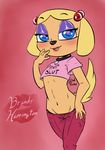  &lt;3 &lt;3_eyes 2017 5_fingers anthro blue_eyes blush brandy_and_mr._whiskers brandy_harrington breasts canine clothing collar cub digital_media_(artwork) disney dog english_text female flat_chested footwear hi_res innuendo jeans lipstick looking_at_viewer makeup mammal midriff navelpants pants sandals simple_background smile soulcentinel teasing text thong young 