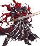  alondite armor black_armor black_knight cape fire_emblem fire_emblem:_souen_no_kiseki fire_emblem_heroes full_armor full_body gauntlets helmet highres holding holding_sword holding_weapon izuka_daisuke male_focus official_art red_cape shoulder_armor solo spaulders sword torn_cape transparent_background weapon 