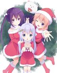  ;d blue_eyes boots capelet choker christmas dress eyebrows_visible_through_hair fur_trim gochuumon_wa_usagi_desu_ka? hair_between_eyes hair_bobbles hair_ornament hand_on_another's_shoulder hat hide_0 hoto_cocoa kafuu_chino long_hair looking_at_viewer multiple_girls one_eye_closed open_mouth orange_hair purple_eyes purple_hair red_dress red_footwear red_hat santa_boots santa_hat short_dress short_hair silver_hair simple_background smile tedeza_rize tippy_(gochiusa) twintails very_long_hair white_background 