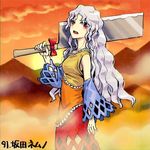  bow detached_sleeves dress frills grey_hair hatchet holding long_hair looking_at_viewer lowres meimaru_inuchiyo mountain open_mouth oriental_hatchet over_shoulder red_eyes sakata_nemuno solo sunset touhou wavy_hair 