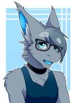  2017 anthro blue_eyes blue_tongue clothing colarix collar dragon eyewear fur furred_dragon glasses grey_fur joona_(colarix) looking_at_viewer male shirt simple_background solo tank_top 