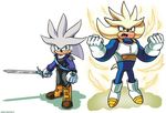 armor aura belt boots capsule_corp clothed clothing dragon_ball dragon_ball_z footwear fully_clothed gloves hedgehog holding_object holding_weapon jacket male mammal melee_weapon muscular pants powering_up shirt silver_the_hedgehog smile sonic_(series) straps sword tuft wani_ramirez weapon 
