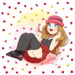  black_legwear blue_eyes bow brown_hair floating hat hat_bow heart long_hair looking_up moyori pleated_skirt pokemon pokemon_(anime) pokemon_xy_(anime) serena_(pokemon) skirt smile solo thighhighs 