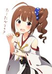  :o ahoge alternate_costume ariel23795 bare_shoulders black_skirt blue_scrunchie brown_hair commentary_request cosplay detached_sleeves food hair_ornament hair_scrunchie holding holding_food idolmaster idolmaster_million_live! kantai_collection kongou_(kantai_collection) kongou_(kantai_collection)_(cosplay) looking_at_viewer nontraditional_miko print_scrunchie purple_eyes scrunchie side_ponytail simple_background skirt solo star star_print takoyaki translation_request white_background yokoyama_nao 