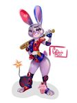  anthro baseball_bat batman_(series) bomb buckteeth clothing cosplay crewefox_(artist) cupcake dc_comics disney explosives female food fur grenade grey_fur harley_quinn holding_object judy_hopps lagomorph long_ears looking_at_viewer mammal purple_eyes rabbit simple_background solo teeth weapon zootopia 