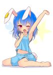  1girl animal_ears armpits arms_up barefoot blue_camisole blue_hair blue_shorts bunny_ears bunny_tail camisole clenched_hand commentary_request hand_to_own_mouth highres inon long_hair midriff navel one_eye_closed open_mouth red_eyes seiran_(touhou) shorts sleepy solo stretch tail tears toes touhou yawning 