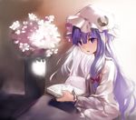  asuzemu backlighting bangs blunt_bangs book bow capelet crescent crescent_hair_ornament hair_bow hair_ornament hat holding holding_book indoors long_hair looking_at_viewer mob_cap patchouli_knowledge plant potted_plant purple_eyes purple_hair sitting solo sunlight touhou under_covers wavy_hair 