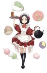  apron arm_up black_eyes black_footwear black_hair boots dango eyebrows flower food full_body hair_flower hair_ornament highres holding holding_tray kettle knee_boots looking_at_viewer maid_apron makaria official_art princess_principal princess_principal_game_of_mission solo toudou_chise transparent_background tray wagashi 