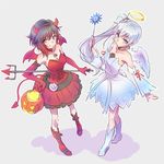  angel_and_devil angel_costume blue_eyes breasts choker cleavage color_connection commentary corset demon_girl dress fake_halo halloween halloween_costume iesupa looking_at_viewer medium_breasts multiple_girls pitchfork pumpkin red_dress red_hair ruby_rose rwby silver_eyes sleeveless sleeveless_dress wand weiss_schnee white_dress white_hair 