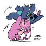  2017 4_fingers alien angel_(lilo_and_stitch) antennae black_claws black_eyes blue_fur blue_nose claws colored_sketch digital_drawing_(artwork) digital_media_(artwork) disney duo experiment_(species) eyes_closed fur largehadronkalidah lilo_and_stitch notched_ear open_mouth pink_fur purple_nose simple_background small_tail stitch suplex surprise white_background wrestling 