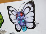  2016 3_fingers 4:3 ambiguous_gender antennae butterfly_wings butterfree casynuf fangs feral flying full-length_portrait hi_res insect_wings looking_up nintendo photo pok&eacute;mon portrait purple_body red_eyes red_sclera signature simple_background solo traditional_media_(artwork) video_games white_background wings 