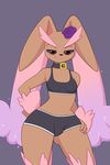 1girl alternate_color bare_shoulders black_sclera black_shorts breasts bulge collar crop_top erect_nipples flower furry futanari hair_flower hair_ornament half-closed_eyes hand_on_hip highres legs_apart looking_at_viewer lopunny no_humans pinkcappachino pokemon pokemon_(creature) pokemon_dppt purple_background purple_flower red_eyes shiny_pokemon short_shorts shorts simple_background sleeveless small_breasts smile solo sparkle sports_bra standing 