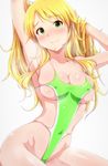  adjusting_hair arched_back arm_up armpits bare_arms blonde_hair blush breasts collarbone commentary_request covered_navel covered_nipples green_eyes hoshii_miki idolmaster idolmaster_(classic) large_breasts long_hair looking_at_viewer navel revision skindentation smile solo swimsuit tareme tengu_(tetuo_kun) white_background 