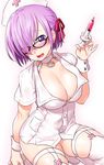  bangs black-framed_eyewear blush breasts cleavage collar commentary_request fate/grand_order fate_(series) garter_straps glasses hair_over_one_eye hat kneeling large_breasts looking_at_viewer mash_kyrielight nose_blush nurse nurse_cap onsoku_maru open_mouth purple_eyes purple_hair shirt short_hair short_sleeves smile solo syringe thigh_strap thighhighs white_legwear white_shirt wrist_cuffs 