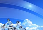  1girl bicycle black_hair brown_hair cloud collared_shirt commentary day ground_vehicle looking_at_viewer open_mouth original planetary_ring pushing_bicycle running scenery school_uniform shirt short_hair short_sleeves skirt sky tsukuba_masahiro 