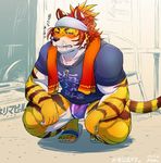  anthro bulge clothing feline flip_flops fur hair headband headgear japanese_text looking_at_viewer male mammal muscular muscular_male penis_outline shiny slav_squat speedo swimsuit text xigmamgix 