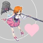  aqua_eyes back_bow bow breasts cleavage cleavage_cutout fingerless_gloves gloves heart highres iesupa looking_at_viewer medium_breasts nora_valkyrie orange_hair rwby smile solo warhammer weapon 