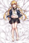  abs bangs barefoot bed_sheet belt blonde_hair blush breasts fuyoru groin hands_on_own_chest jacket kantai_collection long_hair looking_at_viewer lying navel neckerchief no_legwear on_back remodel_(kantai_collection) sailor_collar satsuki_(kantai_collection) school_uniform scrunchie serafuku sidelocks skirt small_breasts smile solo twintails yellow_eyes 