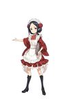  apron black_footwear black_hair boots eyebrows flower full_body hair_flower hair_ornament highres holding holding_tray knee_boots looking_at_viewer maid_apron maid_headdress makaria official_art princess_principal princess_principal_game_of_mission solo standing toudou_chise transparent_background tray wide_sleeves 