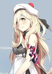  armband bare_shoulders belt beret blonde_hair character_name dress grey_background hair_between_eyes hat highres kantai_collection long_hair looking_at_viewer mole mole_under_eye mole_under_mouth parted_lips pom_pom_(clothes) richelieu_(kantai_collection) signature simple_background smile solo strapless strapless_dress takanashi_kei_(hitsujikan) twitter_username upper_body yellow_eyes 