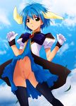 animal_ears ass_visible_through_thighs blue_bow blue_dress blue_hair bow censored cloud cloudy_sky day dress dress_lift frilled_dress frills galaxy_angel gloves jacket kaiga large_bow leaf leaves_in_wind looking_at_viewer mint_blancmanche mosaic_censoring navel navy_blue_legwear no_panties open_mouth orange_eyes outdoors pubic_hair puffy_short_sleeves puffy_sleeves pussy short_hair short_sleeves sky solo surprised thighhighs upskirt white_gloves white_jacket wind wind_lift 