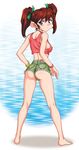  ass bakusou_kyoudai_let's_&amp;_go!! bakusou_kyoudai_let's_&amp;_go!!_max barefoot bracelet breasts denim denim_shorts full_body genka_ichien highres jewelry looking_at_viewer medium_breasts midriff necklace no_bra oogami_marina red_hair short_shorts shorts sideboob solo standing sweatdrop tank_top twintails wristband 