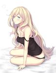  bed_sheet black_panties blonde_hair blue_eyes kantai_collection long_hair looking_at_viewer mole mole_under_eye mole_under_mouth monoku open_mouth panties richelieu_(kantai_collection) simple_background solo underwear white_background 