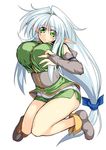  breasts elbow_gloves elf gloves green_eyes hair_ribbon highres large_breasts long_hair looking_at_viewer pointy_ears rei_shabu ribbon skirt sleeveless solo white_hair 