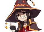  black_hair brown_hair button_eyes cape censored choker commentary fake_censor fingerless_gloves gesugao gloves hat kono_subarashii_sekai_ni_shukufuku_wo! looking_at_viewer megumin middle_finger mosaic_censoring red_eyes ron_(satosi121) shaded_face short_hair_with_long_locks smirk solo upper_body white_background witch_hat 