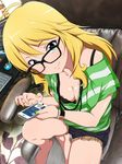  ahoge barefoot black-framed_eyewear blonde_hair breasts cellphone chair cleavage commentary_request fringe_trim glasses green_eyes green_nails hoshii_miki idolmaster idolmaster_(classic) jabara_tornado long_hair looking_at_viewer medium_breasts nail_polish phone photo_background shirt sitting smartphone smile solo striped striped_shirt 