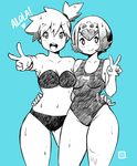  2girls arm_around_waist arm_up bare_shoulders bikini blue_background blush breasts cleavage collarbone english eyebrows_visible_through_hair hair_ornament hair_tie hairband hand_up kasumi_(pokemon) kenron_toqueen legs_apart looking_at_viewer medium_breasts midriff monochrome multiple_girls navel one-piece_swimsuit open_mouth outstretched_arm pokemon pokemon_rgby pokemon_sm ponytail short_hair side_ponytail simple_background smile standing strapless suiren_(pokemon) swimsuit text tied_hair v watermark wet 
