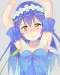  armpits arms_up bangs blue_hair blush cat_teaser choker collarbone dress feathers flower hair_between_eyes hair_flower hair_ornament head_wreath highres long_hair looking_at_viewer love_live! love_live!_school_idol_project muse_loss simple_background solo sonoda_umi tears tickling yellow_eyes yume_no_tobira 