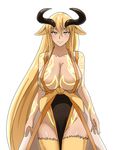  animal_ears arms_at_sides artist_name bare_arms bare_shoulders blonde_hair breasts cleavage collarbone commission cow_ears cow_horns cowboy_shot cowfee dress eyebrows_visible_through_hair full_body_tattoo glowing_tattoo hair_between_eyes highres horns huge_breasts long_hair looking_at_viewer monster_girl no_bra no_panties original pelvic_curtain sash signature simple_background sleeveless sleeveless_dress smile solo tattoo very_long_hair white_background yellow_eyes 