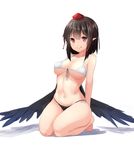  absurdres arms_behind_back bare_legs barefoot bikini black_bikini_bottom black_hair black_wings breasts breasts_apart covered_nipples front-tie_bikini front-tie_top full_body hat highres large_breasts licking_lips looking_at_viewer navel pointy_ears red_eyes shameimaru_aya side-tie_bikini solo stomach string_bikini swimsuit tokin_hat tongue tongue_out touhou white_bikini_top wings yusake_san 