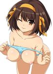  ;p absurdres bangs bent_over breasts brown_eyes brown_hair collarbone cowboy_shot dutch_angle hair_ribbon hairband haruhisky highres large_breasts leaning_forward looking_at_viewer nipples nude one_eye_closed orange_hairband paid_reward panties panties_on_breasts patreon_reward puffy_nipples ribbon short_hair simple_background striped striped_panties suzumiya_haruhi suzumiya_haruhi_no_yuuutsu tongue tongue_out underwear white_background 