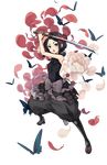  :o arms_up bare_shoulders black_eyes black_hair black_legwear bow bug butterfly eyebrows fighting_stance flower full_body grey_bow hair_flower hair_ornament hairband highres holding holding_sword holding_weapon insect katana looking_at_viewer official_art petals princess_principal princess_principal_game_of_mission sandals scabbard sheath short_hair sleeveless solo standing sword toudou_chise transparent_background weapon 