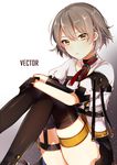  bangs black_gloves black_legwear black_skirt character_name eyebrows_visible_through_hair girls_frontline gloves grey_hair grey_shirt knees_up leafwow looking_at_viewer parted_lips puffy_short_sleeves puffy_sleeves shirt short_hair short_sleeves sitting skirt solo thigh_strap thighhighs thighs tsurime vector_(girls_frontline) yellow_eyes 