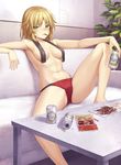  alcohol armpits beer beer_can black_panties black_towel blonde_hair blush breasts breasts_apart cameo can coffee_table commentary couch eating eyebrows_visible_through_hair fate/apocrypha fate/grand_order fate_(series) food fou_(fate/grand_order) fujimaru_ritsuka_(female) green_eyes hair_down highres jerky looking_at_viewer mashu_003 medium_breasts mordred_(fate) mordred_(fate)_(all) multicolored multicolored_clothes multicolored_panties navel panties red_panties red_ribbon ribbon ribbon_panties short_hair sitting slovenly solo table topless towel towel_around_neck twitter_username underwear underwear_only wet 