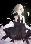  artoria_pendragon_(all) black_dress black_legwear braid breasts cleavage collarbone cowboy_shot crown_braid dark_excalibur dress endlessfalling fate/stay_night fate_(series) floating_hair flower gothic_lolita holding holding_flower lolita_fashion looking_at_viewer medium_breasts petals saber_alter silver_hair sleeveless sleeveless_dress solo standing thighhighs white_flower yellow_eyes 